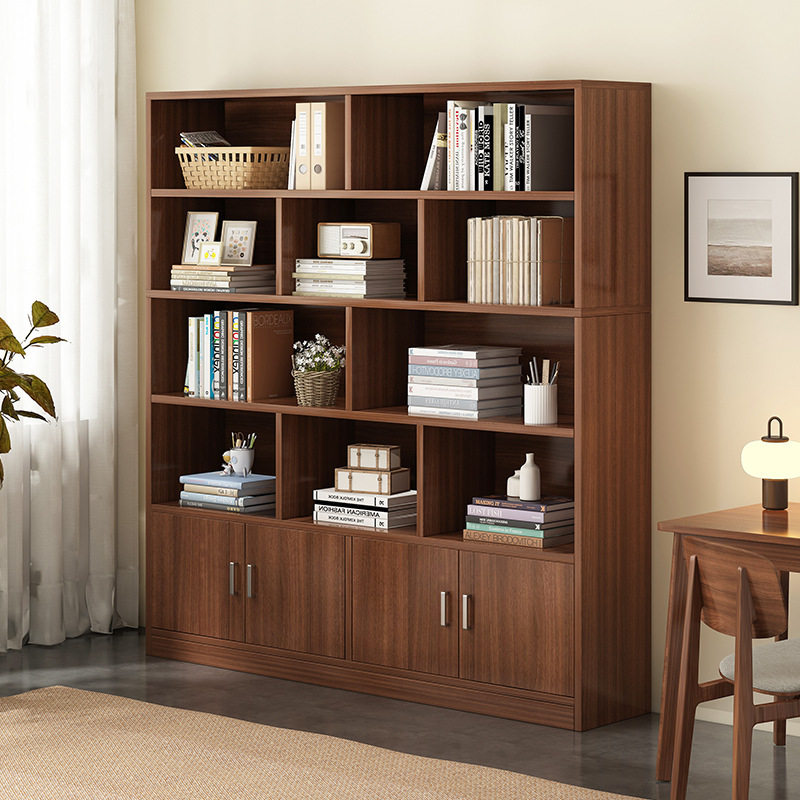 书架落地客厅带背板书柜防尘多层置物架一体靠墙带柜门自由组合柜