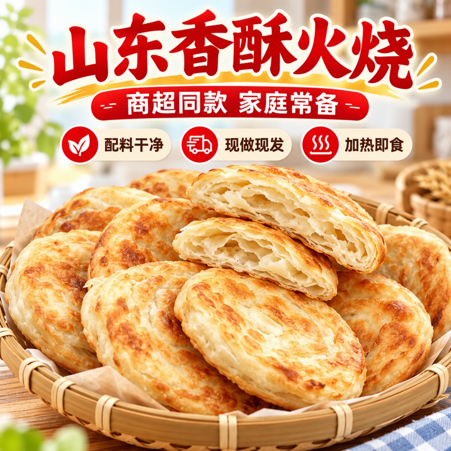 【现货速发】山东特产全麦千层香酥火烧手工低脂面点食麦香大烧饼