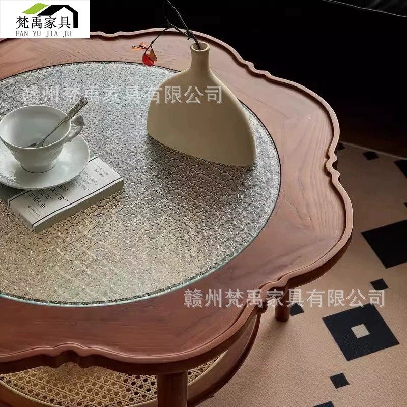 法式复古茶几实木藤编花朵圆形玻璃客厅家用设计师简约现代小户型,收纳整理,其他收纳袋,淘宝优惠券,粉丝福利购,淘宝优惠卷