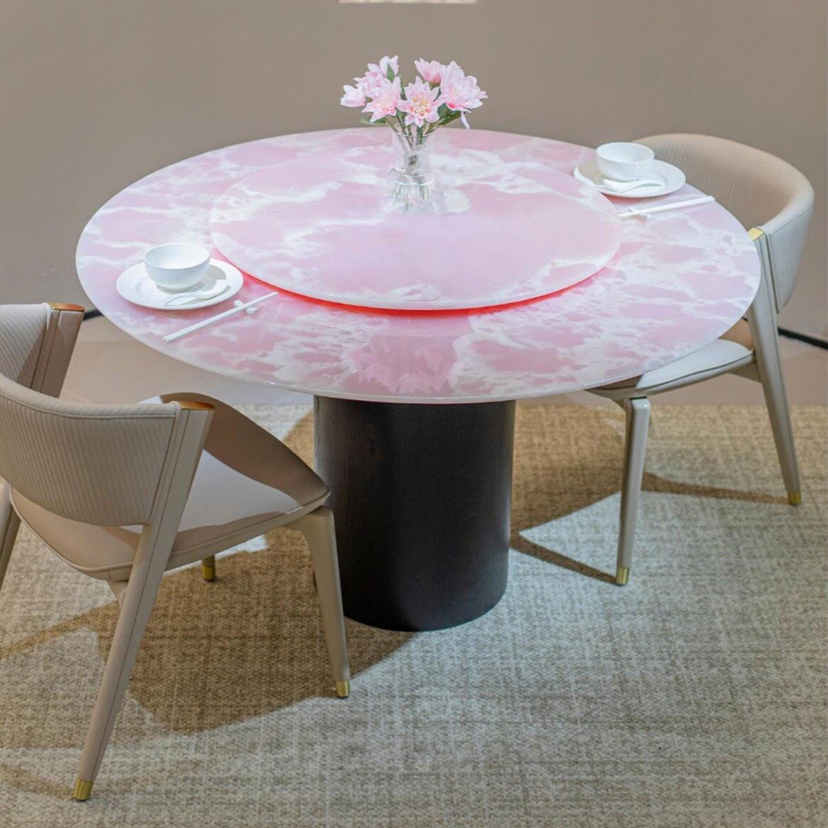 粉玉实木天然大理石餐桌圆形佛山粉水晶奢石饭桌1.2米小户型