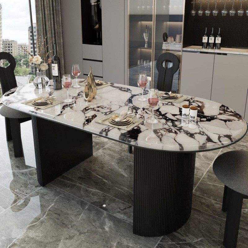 法式爆款的大理石餐桌岩板餐桌复古现代轻奢石简约椭圆餐桌椅组合