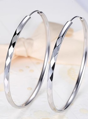 通体999足银耳圈女纯银大圆圈耳饰2025新款爆款高级菱形素圈养耳