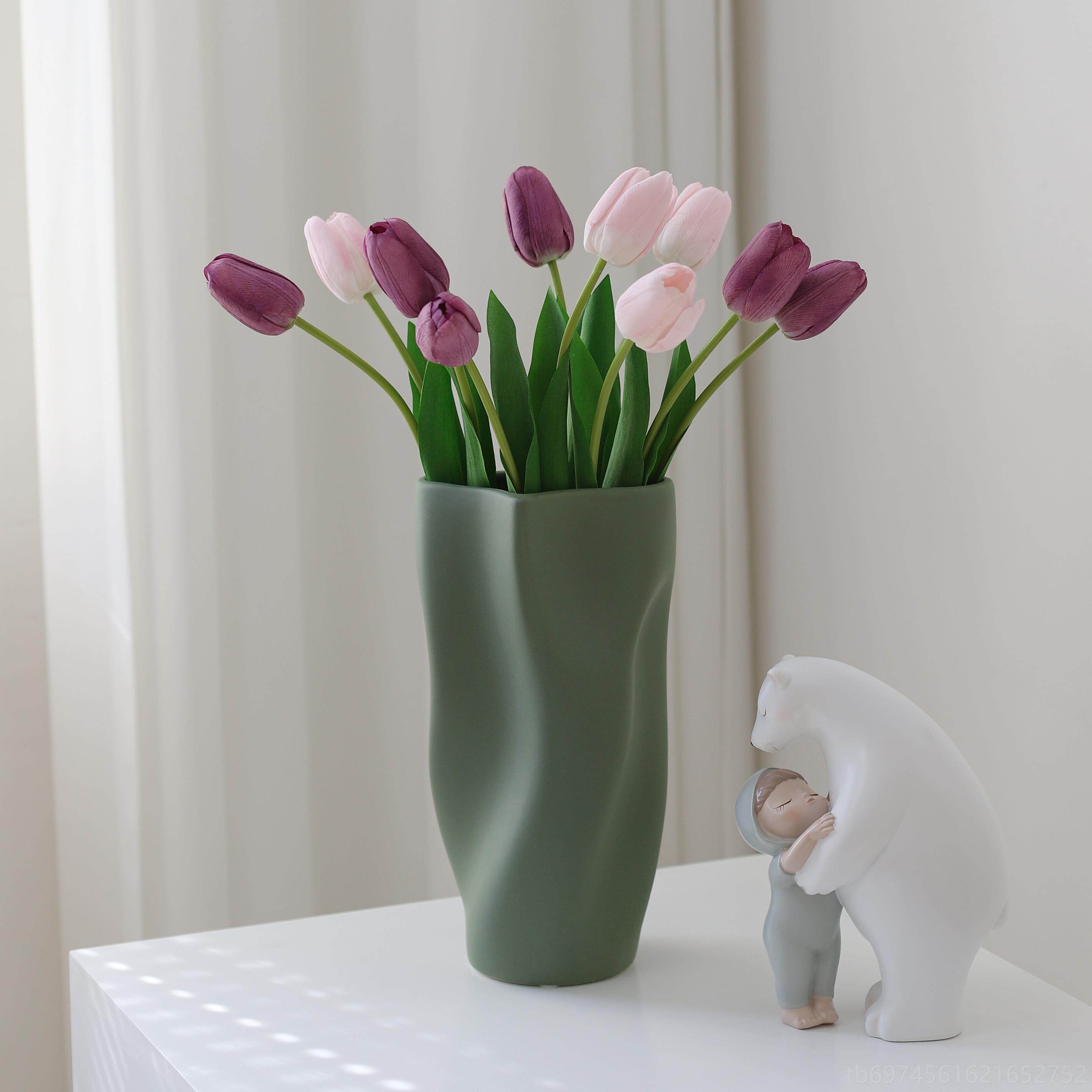 新款高级感莫迪高端绿餐色陶瓷花瓶兰摆件桌客厅插花众设计感装小