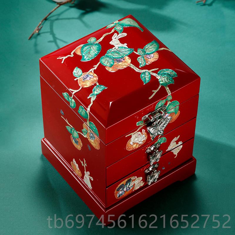 新款钿漆品器首饰盒实木精致首饰链结婚螺礼物手镯戒指项多层饰收