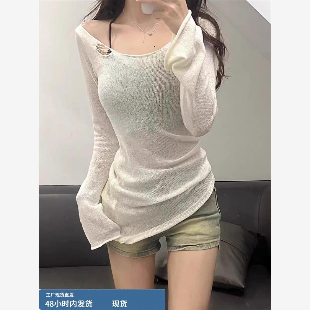 2025新款大码长袖破洞镂空针织T恤女夏季不规则薄款防晒罩衫修身