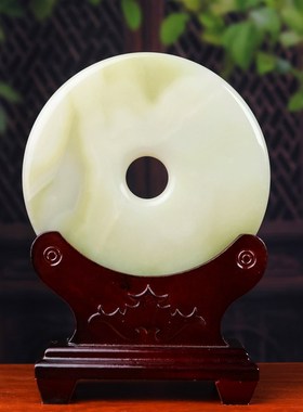 天然阿富汗玉石平安扣摆件玉扣玉璧青玉中式家居玄关装饰摆件礼品