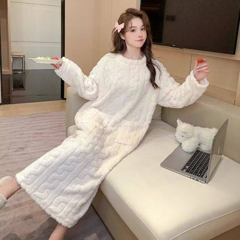 行走的被子冬季新款加长保暖宽松有口袋珊瑚绒家居睡衣睡袍睡裙女