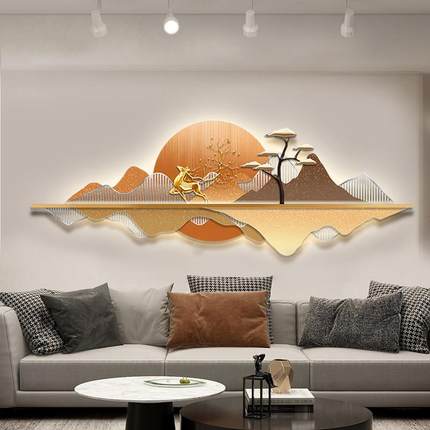 侘寂风客厅装饰画高档大气背有靠山led灯壁画轻奢沙发背景墙挂画