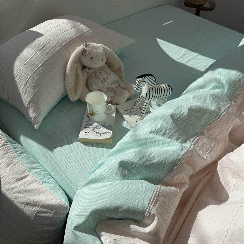 水洗棉简约提花格子浅粉床上四件套全棉1.5m1.8米公寓被套三件套,床上用品,床品套件/四件套/多件套,淘宝优惠券,粉丝福利购,淘宝优惠卷