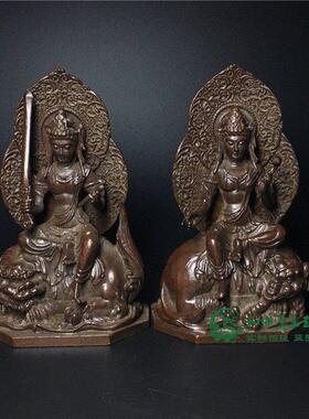 仿古铜器文殊普贤菩萨家居摆件复古铜铸五台山峨眉山家用供奉铜像