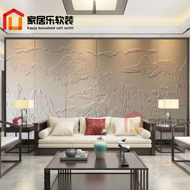 定制新中式大型山水皮雕硬包背景墙浮雕工艺皮革软包电视酒店背景