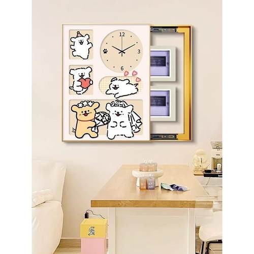 线条小狗带钟表电表箱装饰画竖版卡通时钟指针电源总开关挂画壁画