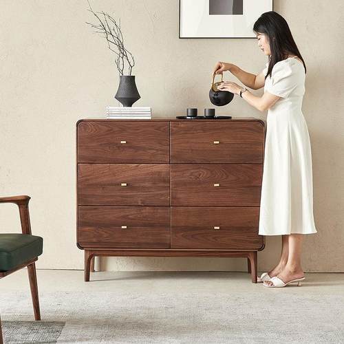 水墨兰亭全实木六斗柜北欧风客厅北美黑胡桃木抽屉边柜收纳储物柜