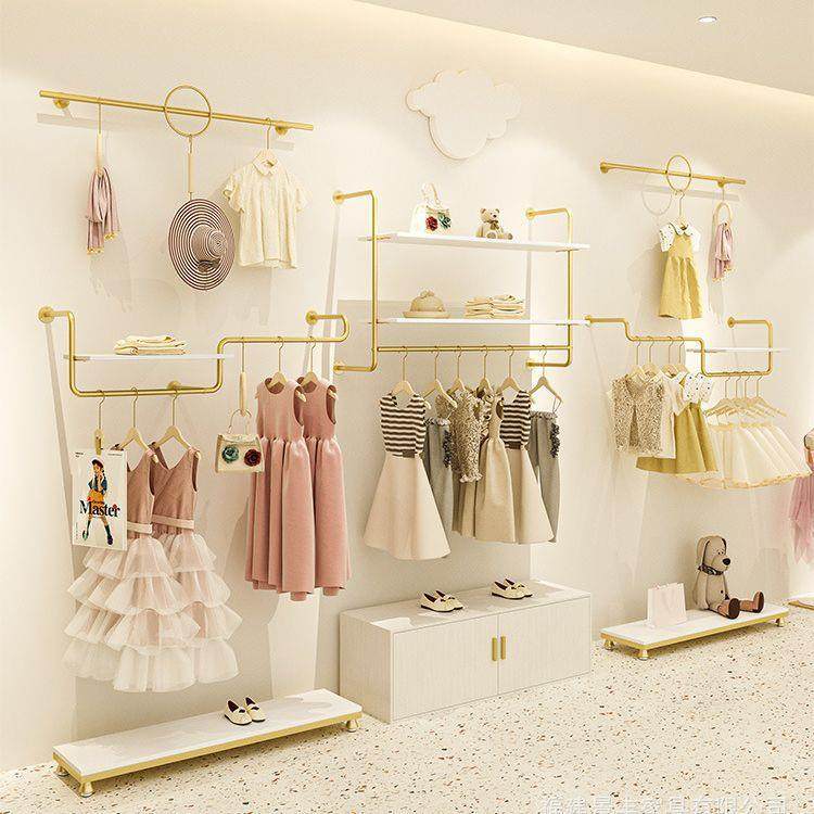 童装店货架展示架上墙中岛正侧挂陈列架组合衣架挂衣架金色风