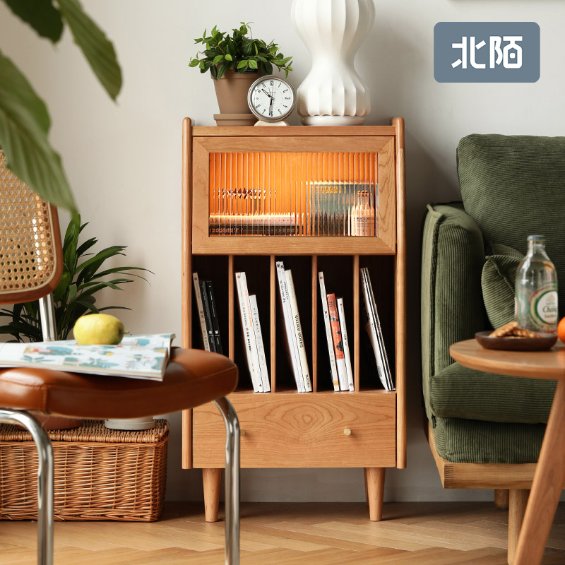 北陌家具实木书柜客厅书架落地玻璃储物边角柜日式卧室北欧小柜子