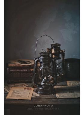 复古怀旧摄影道具老式煤油灯铁艺手提家居书房摆件