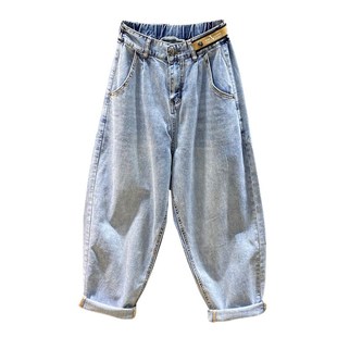 显瘦哈伦老爹裤 2024春季 女阔腿宽松垮裤 浅蓝色贴标高腰牛仔裤 新款