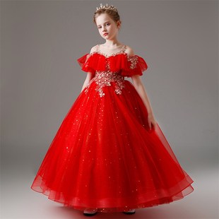 儿童礼服生日红色高端女童主持人公主裙六一儿童节钢琴演出服走秀