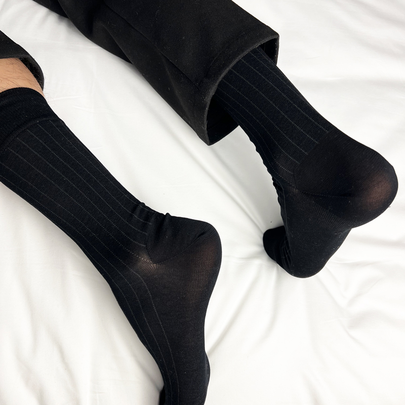 正装袜子男商务绅士条纹黑袜纯棉防臭防脚气性感夏季中长筒西装袜