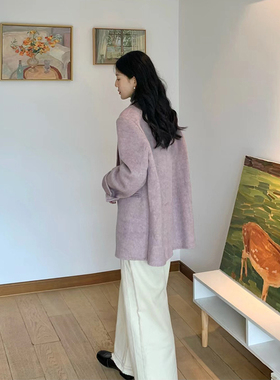 高级感紫色呢子大衣女秋冬装新款小个子法式气质宽松毛呢西装外套
