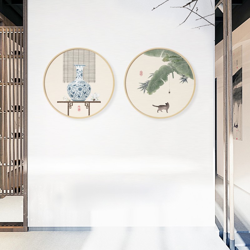 水墨宣言 新中式吉祥装饰画客厅背景墙圆形三联幅挂画茶室墙画