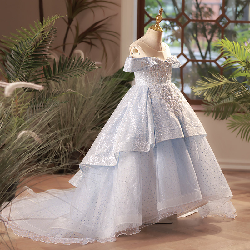 女童礼服2023新款蓝色儿童主持人演出服轻奢小众高端走秀公主裙冬