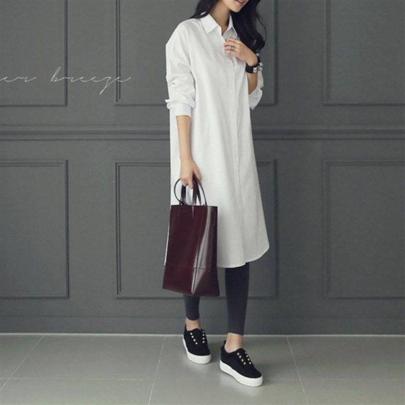 韩国东大门纯棉衬衣女2024秋季长袖宽松内搭大码加长款休闲衬衫裙