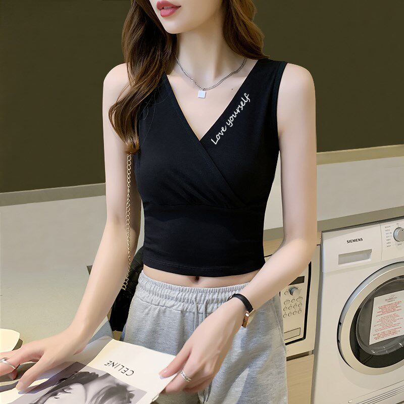 黑色v领吊带背心女内搭夏季2024新款纯棉无袖短款外穿打底衫上衣