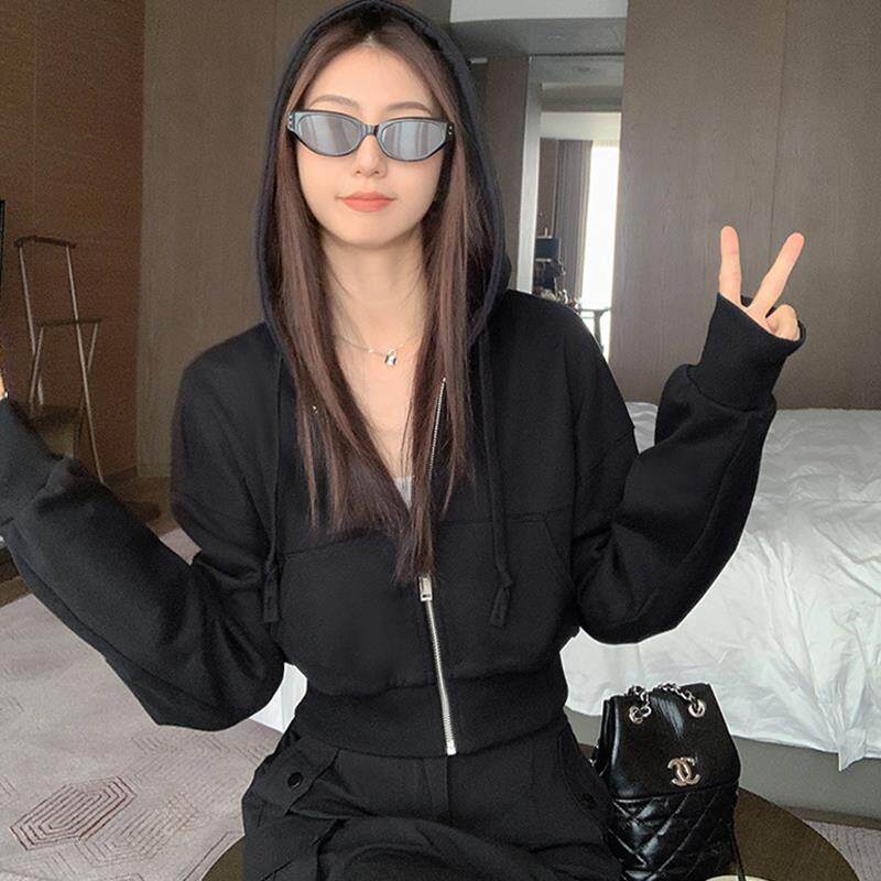 短款连帽白色加绒卫衣拉链外套女款秋冬开衫高级感小个子长袖上衣