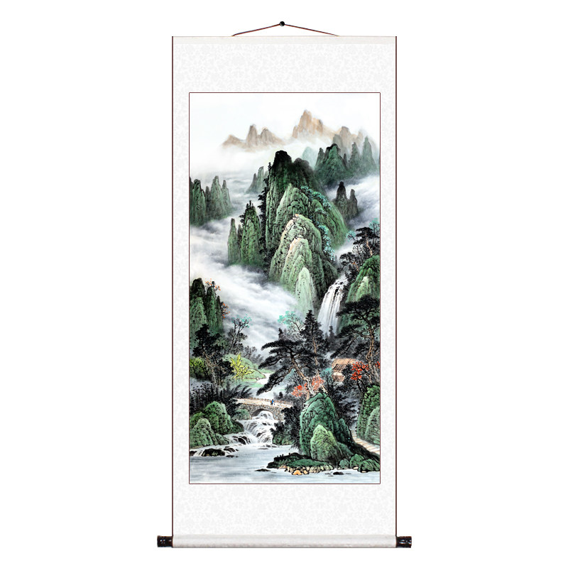 山水画玄关装饰画竖幅卷轴挂画客厅国画办公室墙壁走廊过道风景画