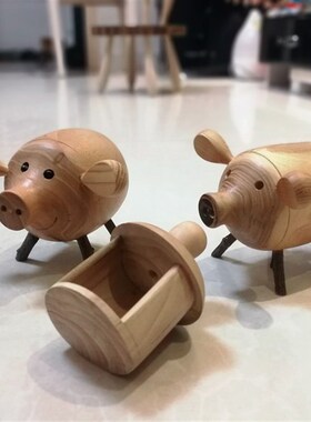 木头小猪创意木质桌面玄关工艺品摆件饰品收纳盒储物罐礼物送小孩