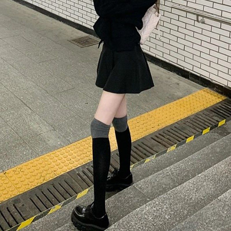 秋冬黑灰拼接色过膝袜学院风小腿袜拼色袜子女JK长筒显瘦压力棉袜,女士内衣/男士内衣/家居服,长筒袜,淘宝优惠券,粉丝福利购,淘宝优惠卷