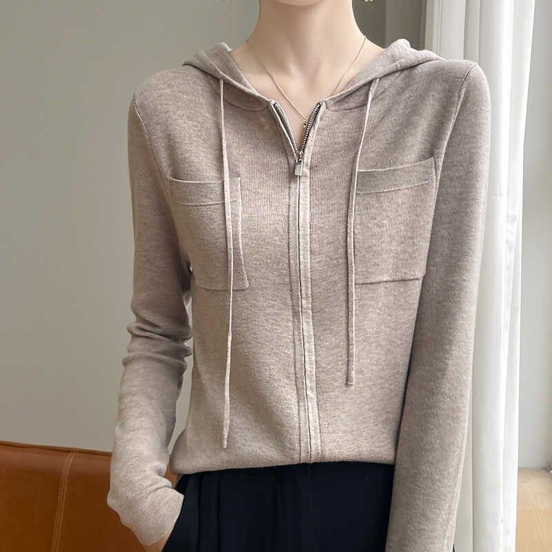 24春秋新款精纺羊毛拉链开衫女连帽带兜长袖针织毛衣宽松抽绳卫衣,女装/女士精品,羊绒衫,淘宝优惠券,粉丝福利购,淘宝优惠卷