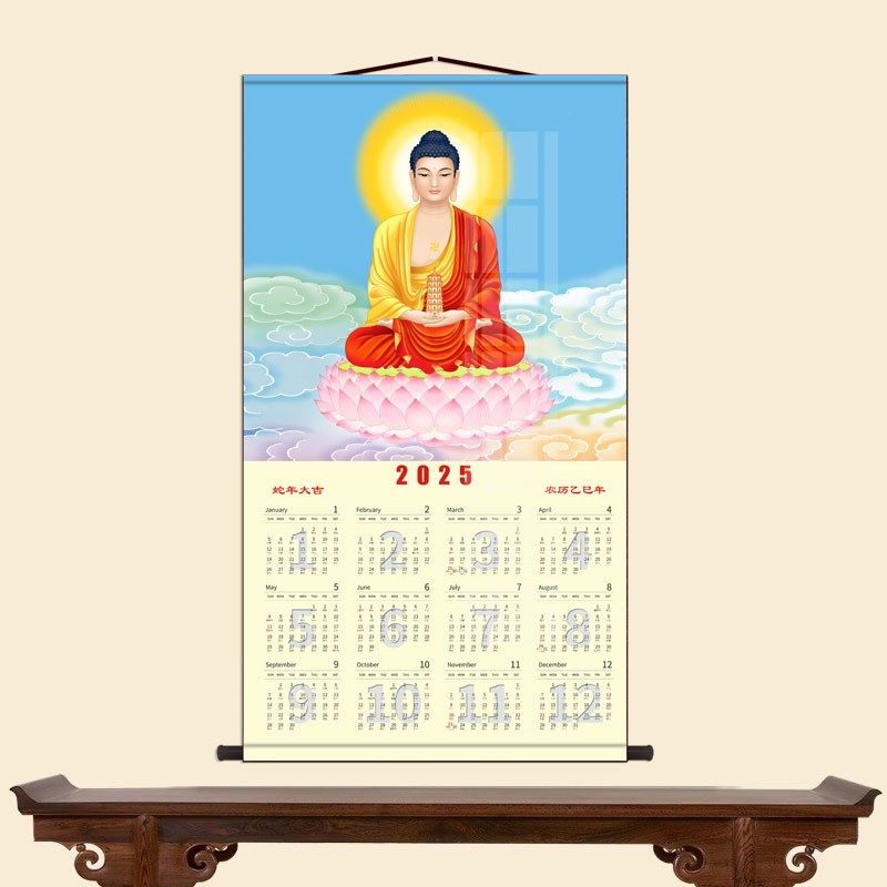 2025蛇年挂历三世佛日历挂历画卷轴挂画 高清年历覆古绢布装饰画,家居饰品,国画,淘宝优惠券,粉丝福利购,淘宝优惠卷