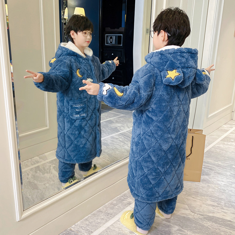 儿童睡衣冬季加厚款三层夹棉男童小孩珊瑚绒法兰绒月亮睡袍家居服