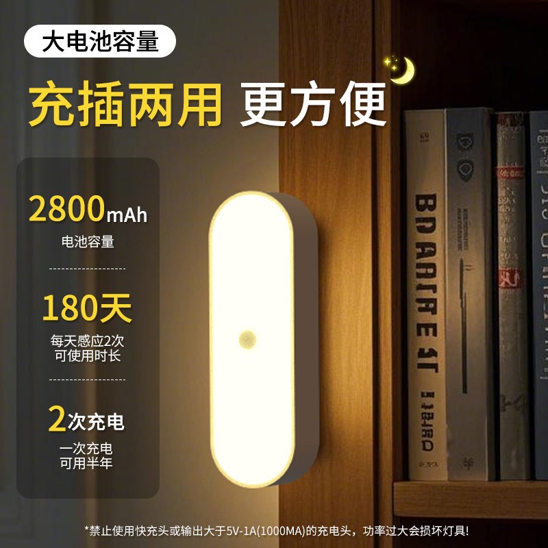 夜间自动感应灯人来即亮小夜灯家用床头灯卧室起夜楼道走廊照明灯