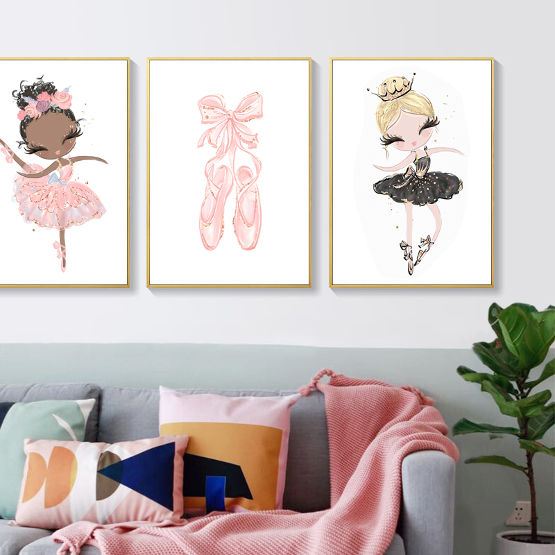 卡通芭蕾女孩卧室儿童房装饰画粉色舞蹈教室壁画公寓少女可爱挂画