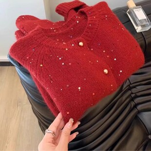 红色新年亮片毛衣外套女春秋设计感过年本命年冬季针织开衫上衣潮