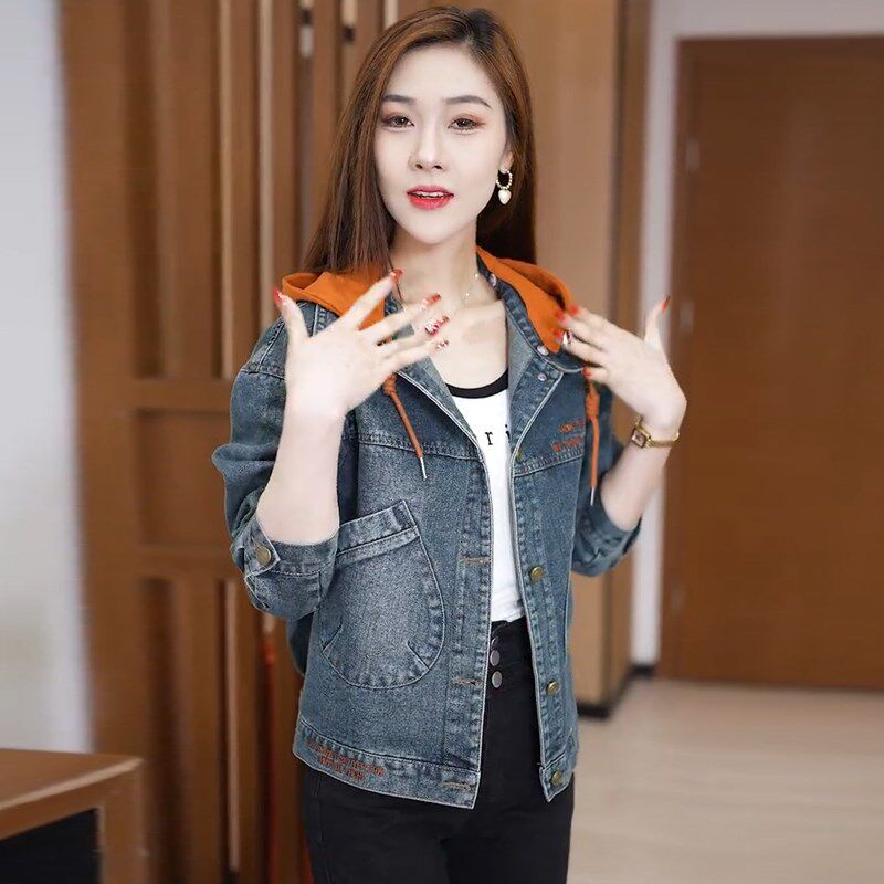 小个子短款牛仔外套女2024春季新款宽松显瘦连帽上衣休闲百搭夹克