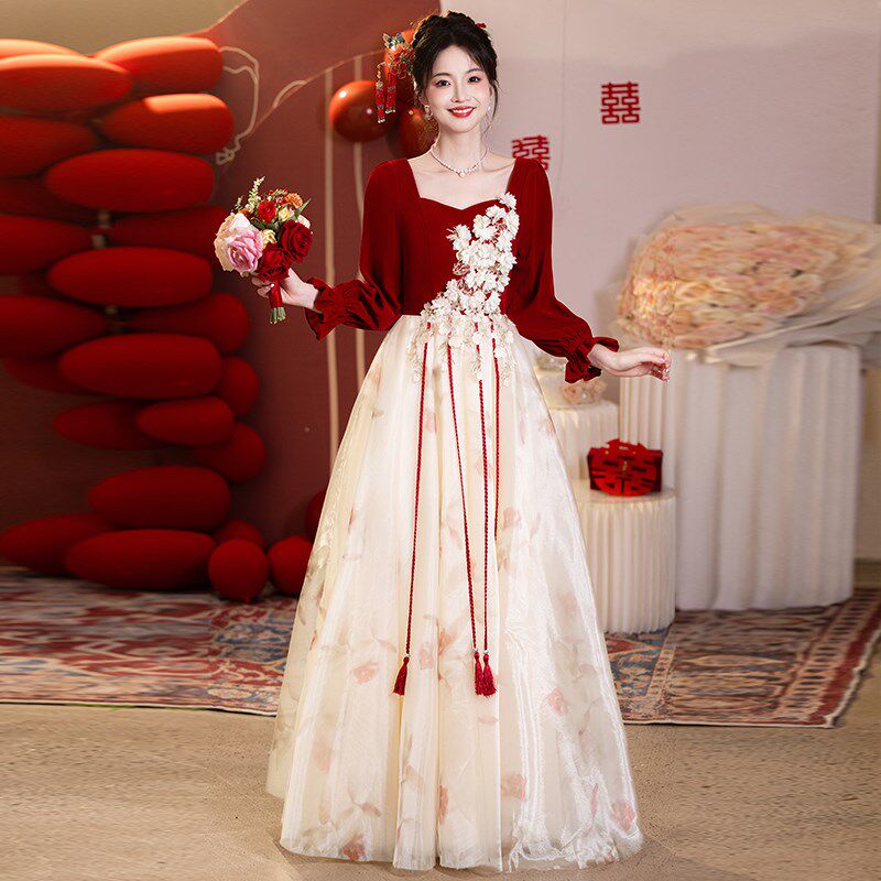 大码敬酒服新娘2024新款胖mm200斤冬季酒红色结婚宴会气质礼服女