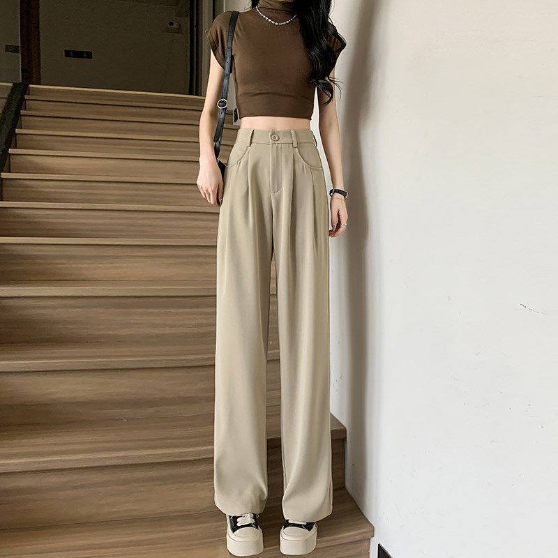 150-155小个子卡其色直筒西装裤女夏季显高垂感休闲窄版阔腿裤xxs