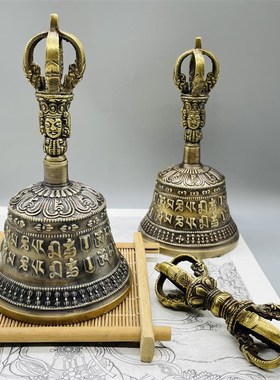 尼泊尔手工金刚铃杵法器藏传六字真言铃铛摇铃唤醒铃摆件声音清脆