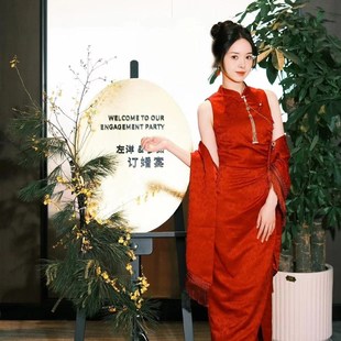 订婚礼服套装 回门便装 复古暗纹提花显瘦旗袍新娘敬酒服夏季 新中式