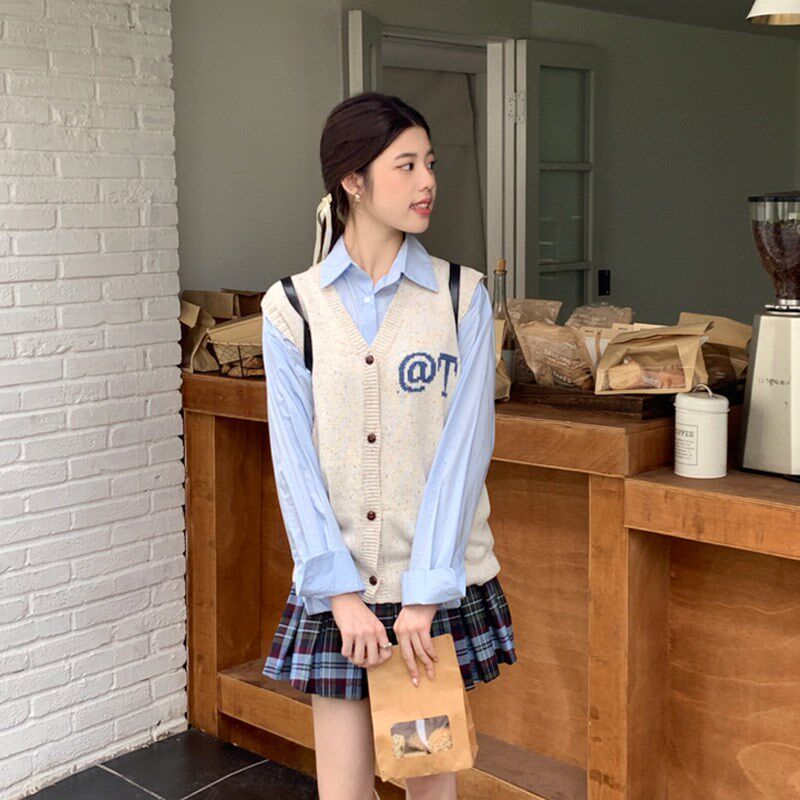 秋季甜美式学院风V领针织衫马甲女背心毛衣叠穿开衫衬衫外搭上衣