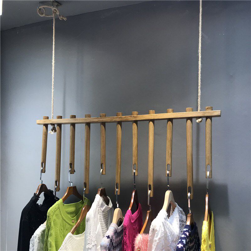 服装店展示架上墙吊顶吊架悬挂实木货架墙上侧挂衣服吊环麻绳吊挂