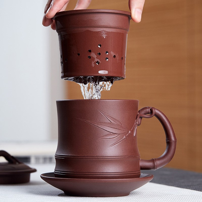 宜兴紫砂杯段泥紫泥刻竹子四件杯紫砂茶杯带盖子过滤内胆办公杯盖