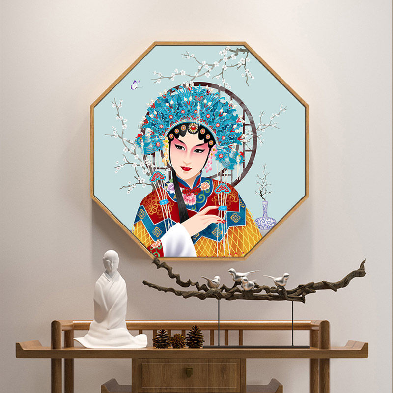 中国风美女挂画国潮京剧花旦装饰画八边形脸谱古风新中式玄关壁画