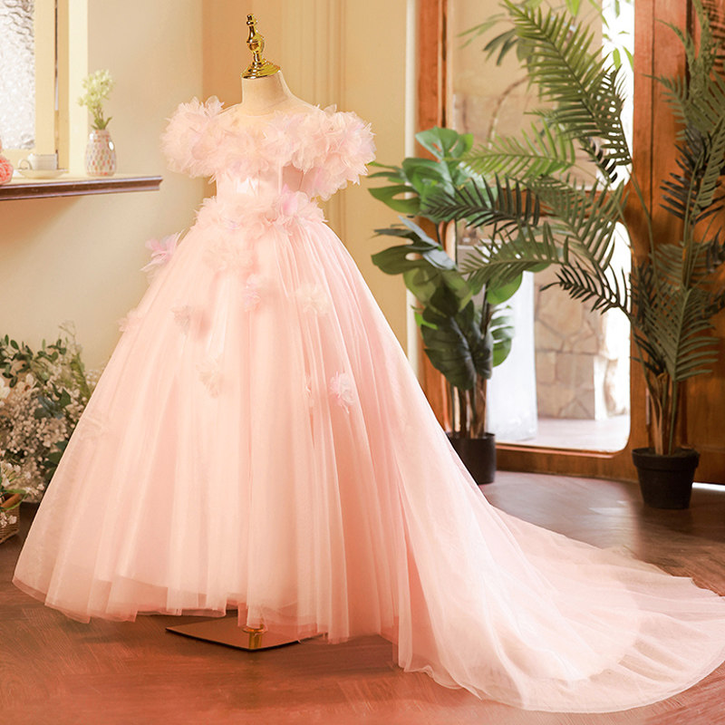 女童礼服粉色儿童走秀拖尾夏公主裙钢琴主持人演出服轻奢小众高端