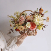 花篮装 藤编流苏圆形手提拍摄道具花艺插花花器篮 饰小篮子田园风格