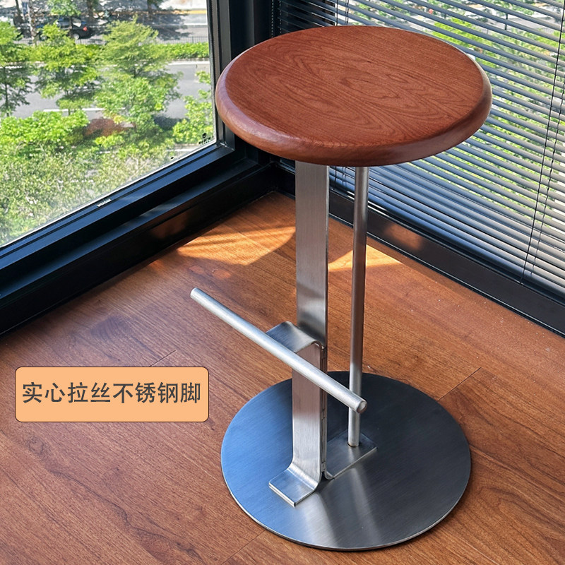 轻奢不锈钢实木吧台椅家用高脚凳侘寂风实木高脚椅酒吧柜台吧台凳